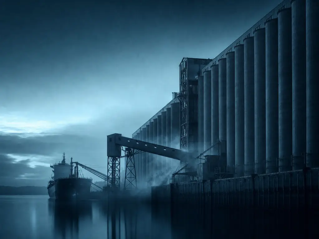 Grain silos and a conveyor gantry at a bulk export terminal