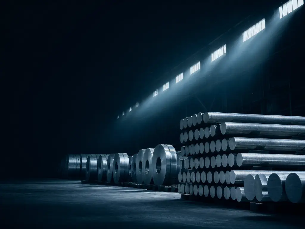 Stacked aluminium billets and steel coils in a warehouse