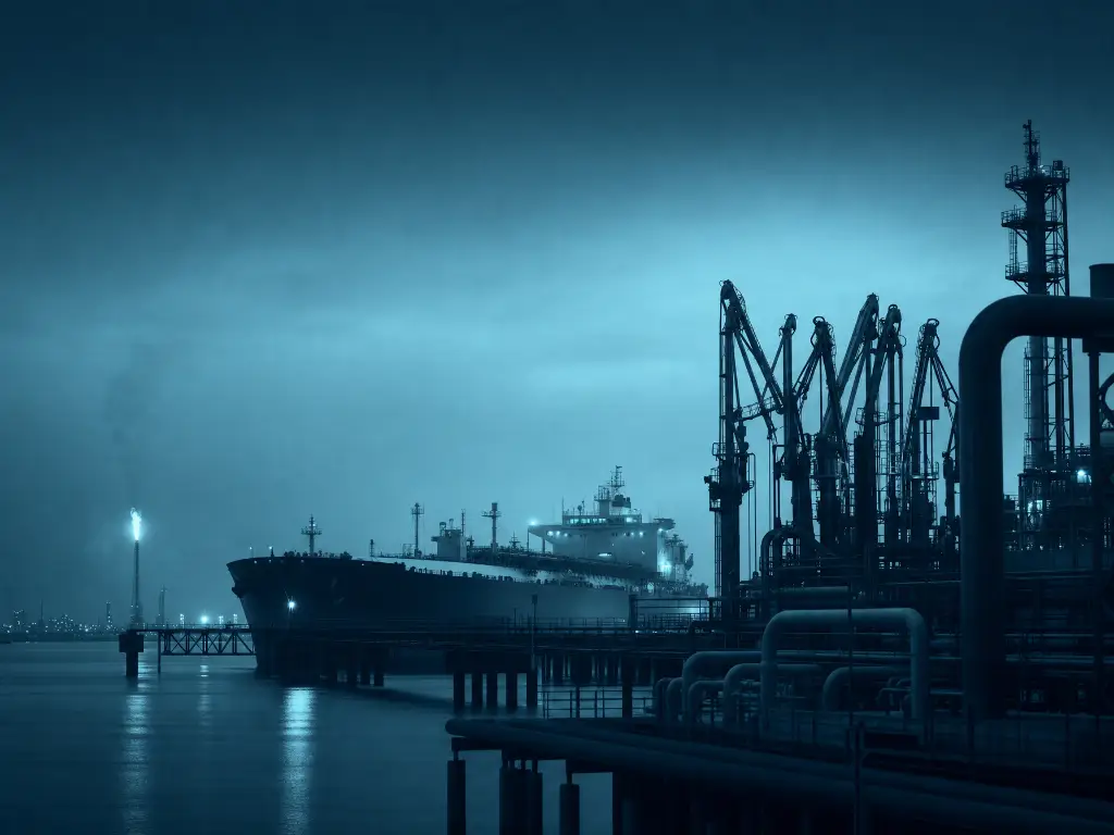 Refinery pipework and a petroleum tanker berthed at a jetty at dusk